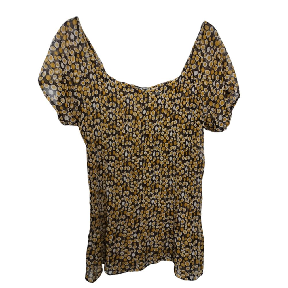 5493)Vtg Erica Brooke 20 Semi Sheer Geoprint Crinkle Short Sleeve Darling Top